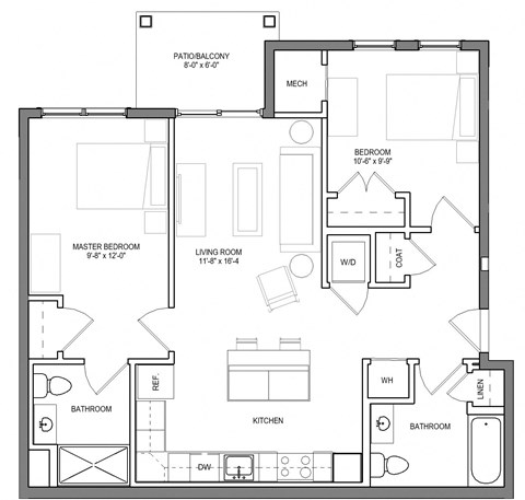 Floor plan for 2 beds, 2 baths, 901 sqft
